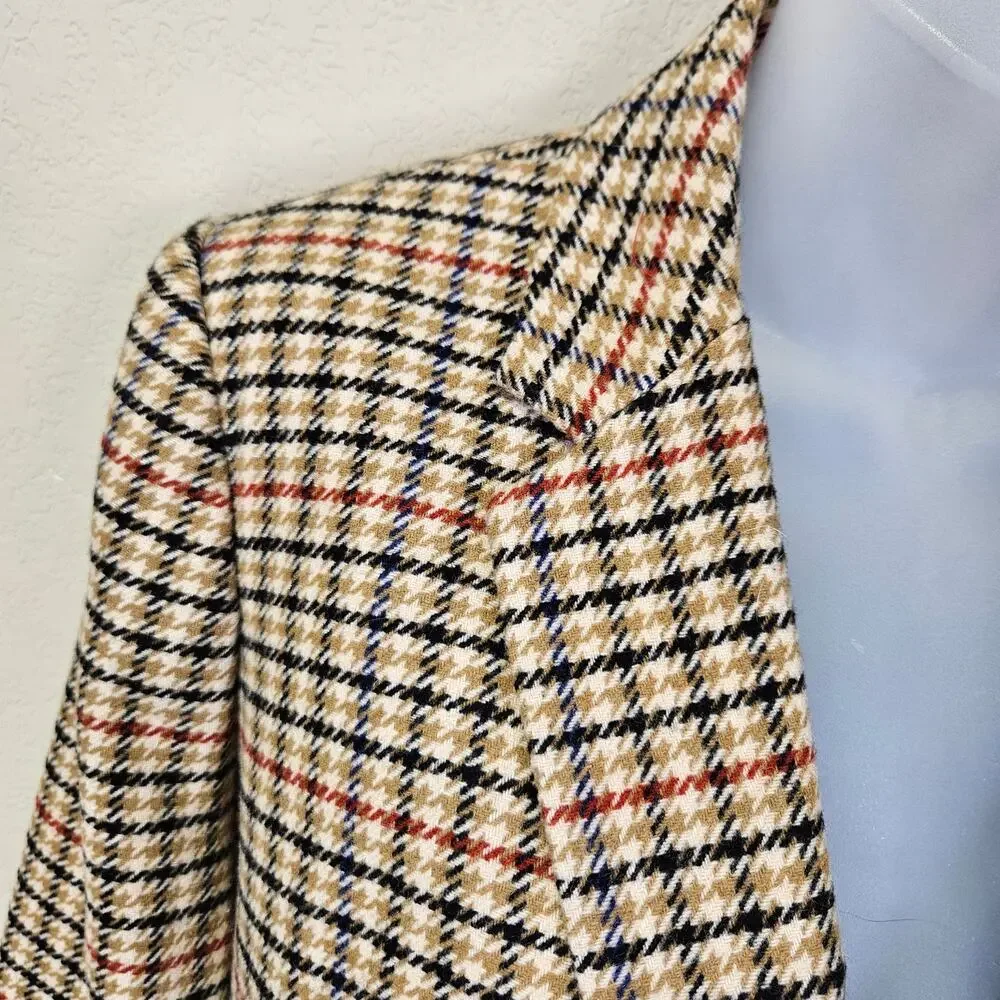 J.Crew Tweed Schoolboy Blazer Women 14 Camel Navy Plaid Gold Crest Buttons NEW